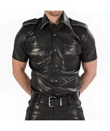 Men&#39;s Real Black Leather Police Shirt Gay Biker Schwarz Cuir Lederhemd P... - $1,793.77 MXN