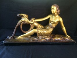 Fabulous Antique Chalkware Art Deco Statue lady with bird. signed - $375.00