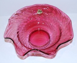 LOVELY FENTON ART GLASS CRANBERRY SWIRL/SPIRAL 9 1/2&quot; BOWL WITH LABEL - $84.14