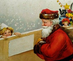 Christmas Postcard Santa Claus With Sack Of Toys Girl Behind Fence Chicago 1908 - £11.77 GBP