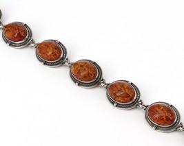 Textured Oxidized Sterling Silver Baltic Amber Cabochon Oval Link Bracelet - £31.78 GBP
