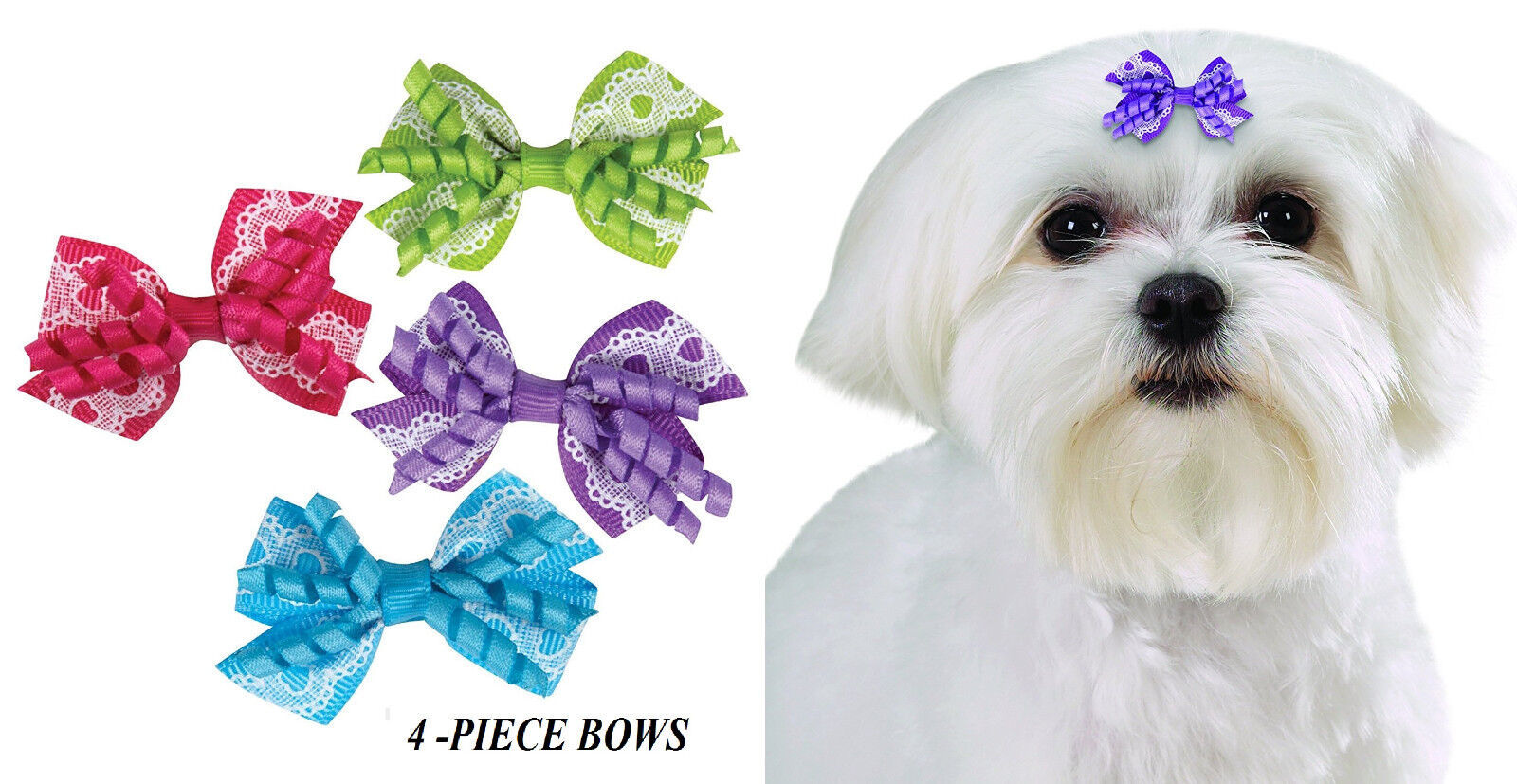 4 pc PREMIUM LACE&amp;LOOP GROSGRAIN HEARTS RIBBON BOWS w/Band DOG Grooming ... - $10.99