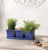 BLUE SQUARE CERAMIC PLANTER SET Succulents, Herbs, Small Plants - £26.94 GBP