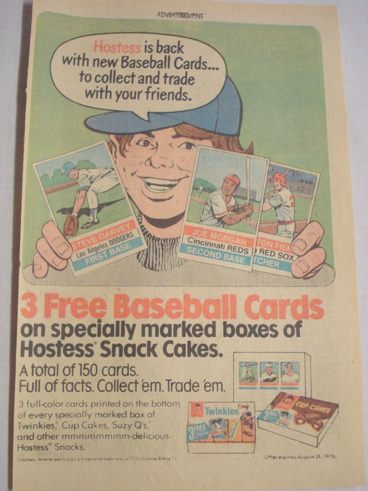 1976 Hostess Cakes Ad With Baseball Cards Steve Garvey Joe Morgan Carlto... - $7.99