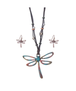 Rustic Dragonfly Pendant with Beaded Cord and Earrings Set Copper - $16.09