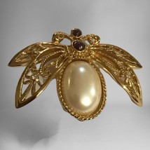 Vintage Signed Avon Gold Plated Bumble Bee Brooch Purple Rhinestone Pearl Bug - £19.57 GBP