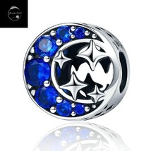Genuine 925 Sterling Silver Moon And Star Bead Charm With Blue Cubic Zirconia - £16.58 GBP