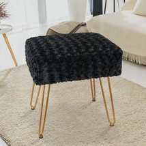 Modern Mink Sq. Footstool Ottoman, Rose Pattern Furry Faux Fur, Rich (Black). - £34.32 GBP