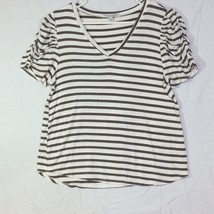 Green Envelope Shirt Womens L Brown White Striped Puff Ruched Sleeve V Neck - $7.87