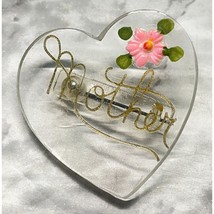 Vintage Mother Brooch Pin Heart Shaped Clear Lucite 1940s Pink Flower - £19.65 GBP