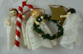 Vintage Wooden Angels with lace dresses & wings Christmas Ornaments Lot Of 3 - £11.86 GBP