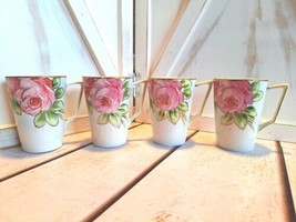 Set of 4 Te-oh Nippon Hand Painted Pink Roses Handled Mug Cups Holds 8 Ounces  - £17.11 GBP