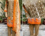 Pakistani Beige Printed Straight Shirt 3-PCS Lawn Suit w/ Threadwork ,L - $54.45