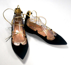 J Crew Black Suede Ballet Flats Gold Lace Up Shoes Back Zip Womens Size ... - £53.50 GBP