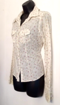 Passport Floral Blouse size Large Pearlized Snap Front Shirt Woven Cotto... - $14.79