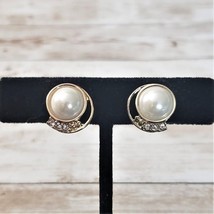 Vintage NWH Clip On Earrings - Gold Tone, &amp; Faux Pearl, Clear Gems - $10.99