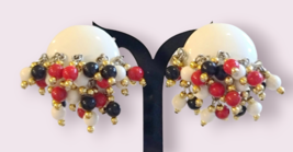 Vintage Clip on Earrings Dangle White Red Black Beaded Gold Tone - $8.59