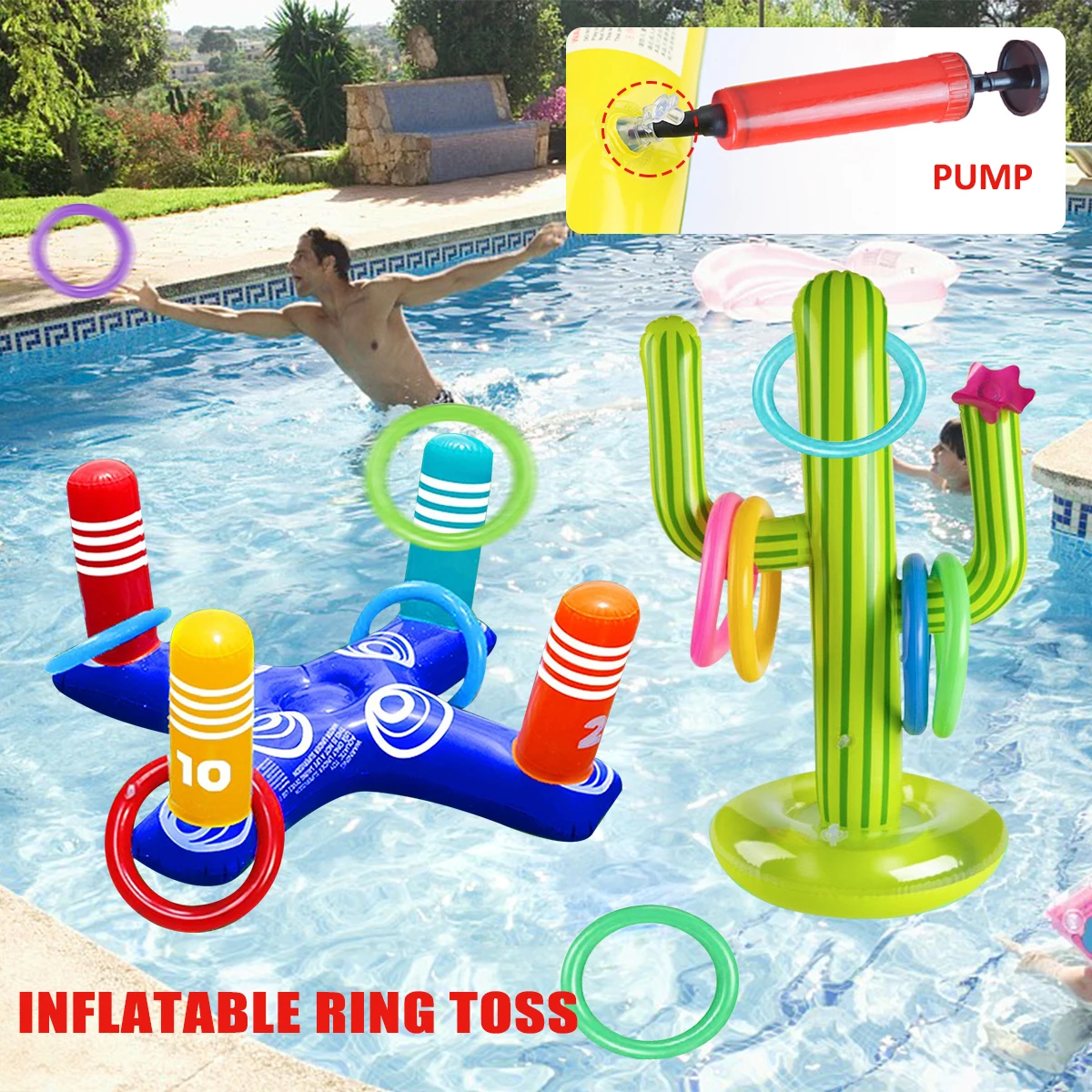 Inflatable Cactus Ring Throwing Pool Toy Game Set Summer Outdoor Pool Beach - £11.14 GBP