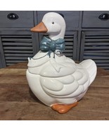 VINTAGE 80s Ceramic Country Kitchen Goose COOKIE JAR Blue Bow, 13.5&quot; - $40.00
