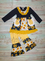 NEW Boutique Sunflower Ruffle Pocket Tunic Dress &amp; Bell Bottoms Girls Outfit - £4.73 GBP+