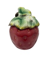 Vintage Ceramic Red Strawberry Sugar Bowl Green Leave Lid NO Spoon - $26.74 CAD