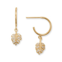 14K Gold Plated Sterling Silver Cubic Zirconia Decorated Leaf Charm Earrings - £25.35 GBP