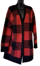 Lucky Brand Women&#39;s Long Cardigan Open Front Black Red Buffalo Plaid Size Large - £20.57 GBP