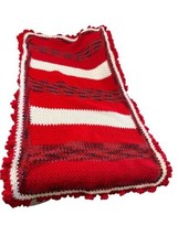 Vtg Handmade Crochet Afghan Ruffle Blanket Throw Red White Maroon Purple 29x55 - £27.54 GBP