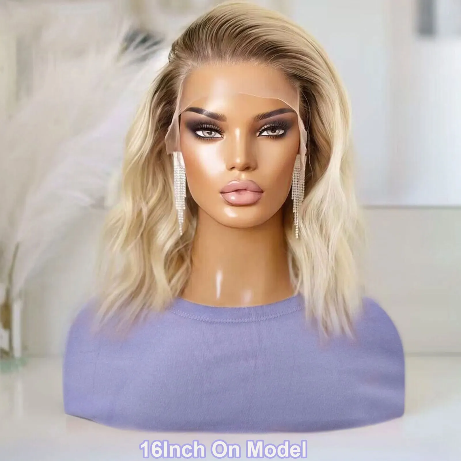 Synthetic Wig Ombre Short Wavy Blonde Lace Front Bob Wigs For Women Cosplay - £27.05 GBP