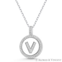 Initial Letter &quot;V&quot; CZ Crystal 925 Sterling Silver Rhodium 20x15mm Circle Pendant - $27.08+