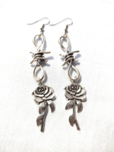 Barb Wire Twist With Full Rose Flower Double Dangle Earrings 3 1/2&quot; Long - £14.38 GBP