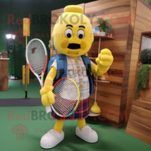 Yellow Tennis Racket mascot costume character dressed with a Flannel Shirt and B - $1,249.00