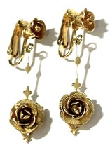 Vintage Gold Tone Dangling Rose Clip-On Earrings – Textured Petal Floral... - $16.95