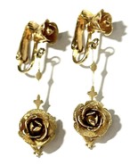 Vintage Gold Tone Dangling Rose Clip-On Earrings – Textured Petal Floral... - $23.25 CAD