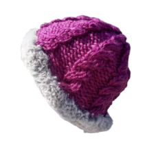 Women&#39;s Cable Beanie Hat Handmade Knit ML Fuchsia Chique Gray Russian Faux Fur - £24.35 GBP