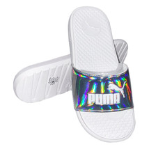NWT PUMA MSRP $48.99 COOL CAT DISTRESSED WOMEN&#39;S SILVER SLIP ON SLIDES S... - $21.59