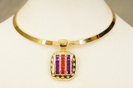 Vintage Costume Jewelry Omega Torc Collar Necklace Bold Rhinestone Pendant - £27.58 GBP