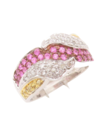 14K GOLD Vintage Ring Two Tone Swirly Inlay Gemstones And Diamonds  Sz 7... - $966.64
