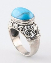 Vintage Sterling Silver Ring with Oval Light-Blue Turquoise Cabochon (Size 6) - £58.04 GBP