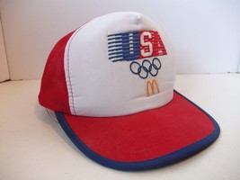 McDonald&#39;s USA Olympic Hat Vintage 1984 Red Snapback Trucker Cap White Paint - £30.71 GBP