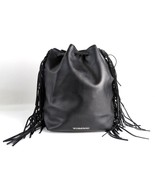 NWT Victoria&#39;s Secret Black Faux Leather Drawstring Fringe Sack Bag Back... - $65.88 CAD