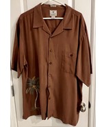 Hawaiian  Luau Shirt Mens 100% Silk 2XL Brown Embroidered Palm Tree Vaca... - $27.71 CAD