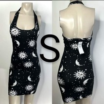 Black &amp; White Sun &amp; Moon Print Halter Mini Dress~Size S - £23.17 GBP