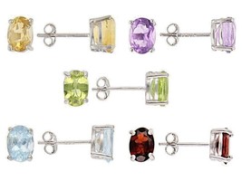 5 pair Stud Earrings; Natural Oval Multi-Gemstone w Rhodium over Sterling Silver - $69.29