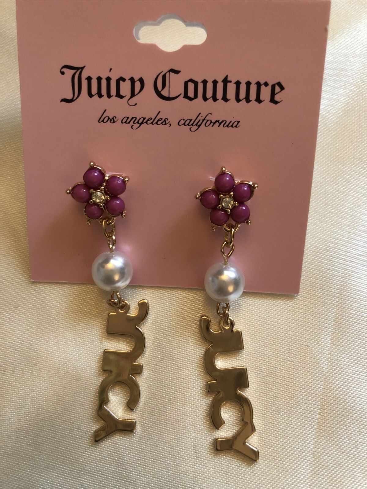 Juicy Couture Gold Tone Juicy Drop Earrings With Pink Flower & Faux Pearl - New - $16.00