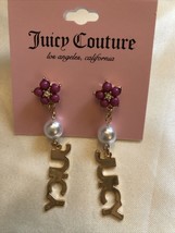 Juicy Couture Gold Tone Juicy Drop Earrings With Pink Flower &amp; Faux Pearl - New - £12.78 GBP