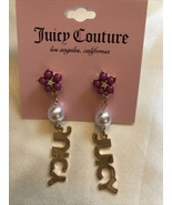 Juicy Couture Gold Tone Juicy Drop Earrings With Pink Flower &amp; Faux Pear... - £12.58 GBP