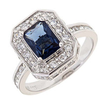 1.5CT Emerald Cut Simulated Blue Sapphire 14K W Gold Plated Halo Engagement Ring - £79.51 GBP