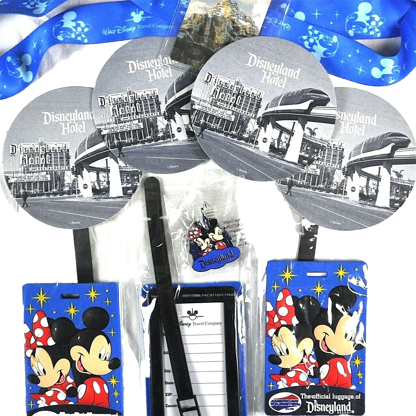 Primary image for Disneyland Travel Mickey Minnie Lanyard Pin Luggage ID Tags Coasters 9 Item Lot