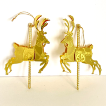 Reindeer Carousel Christmas Ornaments Gold Tone Metal Set of 2 - £15.91 GBP